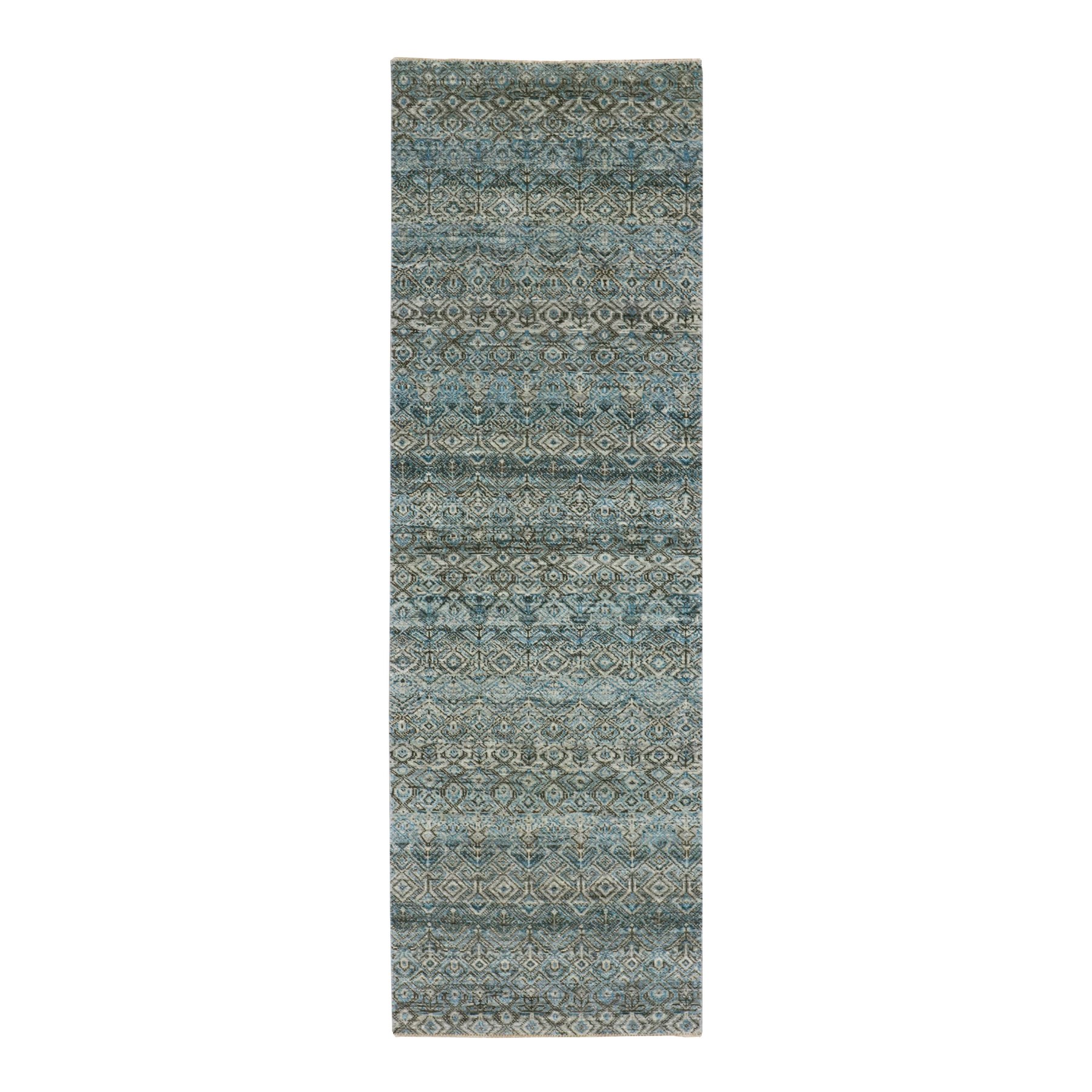2'6"x8' Flickr Blue, Shiny Wool, Tone on Tone, Diamond Shape Repetitive Design, Hand Knotted Kohinoor Herat, Borderless Runner Oriental Rug 